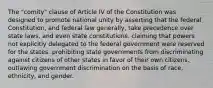 The "comity" clause of Article IV of the Constitution was designed to promote national unity by asserting that the federal Constitution, and federal law generally, take precedence over state laws, and even state constitutions. claiming that powers not explicitly delegated to the federal government were reserved for the states. prohibiting state governments from discriminating against citizens of other states in favor of their own citizens. outlawing government discrimination on the basis of race, ethnicity, and gender.