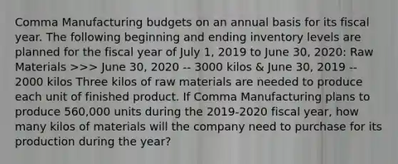 Comma Manufacturing budgets on an annual basis for its fiscal year. The following beginning and ending inventory levels are planned for the fiscal year of July 1, 2019 to June 30, 2020: Raw Materials >>> June 30, 2020 -- 3000 kilos & June 30, 2019 -- 2000 kilos Three kilos of raw materials are needed to produce each unit of finished product. If Comma Manufacturing plans to produce 560,000 units during the 2019-2020 fiscal year, how many kilos of materials will the company need to purchase for its production during the year?