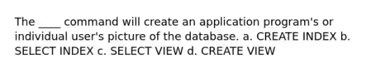 The ____ command will create an application program's or individual user's picture of the database.​ a. CREATE INDEX b. SELECT INDEX c. ​SELECT VIEW d. ​CREATE VIEW