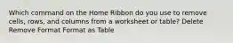 Which command on the Home Ribbon do you use to remove cells, rows, and columns from a worksheet or table? Delete Remove Format Format as Table