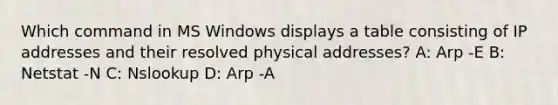 Which command in MS Windows displays a table consisting of IP addresses and their resolved physical addresses? A: Arp -E B: Netstat -N C: Nslookup D: Arp -A