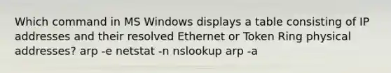 Which command in MS Windows displays a table consisting of IP addresses and their resolved Ethernet or Token Ring physical addresses? arp -e netstat -n nslookup arp -a