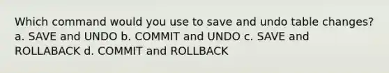 Which command would you use to save and undo table changes? a. SAVE and UNDO b. COMMIT and UNDO c. SAVE and ROLLABACK d. COMMIT and ROLLBACK