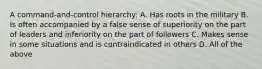 A command-and-control hierarchy: A. Has roots in the military B. Is often accompanied by a false sense of superiority on the part of leaders and inferiority on the part of followers C. Makes sense in some situations and is contraindicated in others D. All of the above