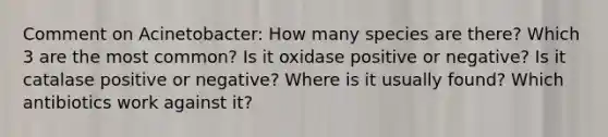 Comment on Acinetobacter: How many species are there? Which 3 are the most common? Is it oxidase positive or negative? Is it catalase positive or negative? Where is it usually found? Which antibiotics work against it?