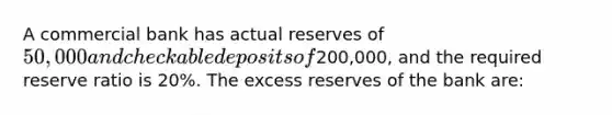 A commercial bank has actual reserves of 50,000 and checkable deposits of200,000, and the required reserve ratio is 20%. The excess reserves of the bank are: