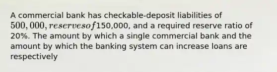 A commercial bank has checkable-deposit liabilities of 500,000, reserves of150,000, and a required reserve ratio of 20%. The amount by which a single commercial bank and the amount by which the banking system can increase loans are respectively