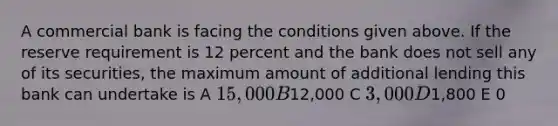 A commercial bank is facing the conditions given above. If the reserve requirement is 12 percent and the bank does not sell any of its securities, the maximum amount of additional lending this bank can undertake is A 15,000 B12,000 C 3,000 D1,800 E 0