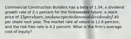 Commercial Construction Builders has a beta of 1.34, a dividend growth rate of 2.1 percent for the foreseeable future, a stock price of 15 per share, and an expected annual dividend of.45 per share next year. The market rate of return is 12.8 percent, and the risk-free rate is 4.2 percent. What is the firm's average cost of equity?