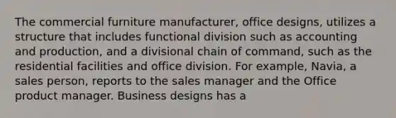 The commercial furniture manufacturer, office designs, utilizes a structure that includes functional division such as accounting and production, and a divisional chain of command, such as the residential facilities and office division. For example, Navia, a sales person, reports to the sales manager and the Office product manager. Business designs has a