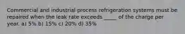 Commercial and industrial process refrigeration systems must be repaired when the leak rate exceeds _____ of the charge per year. a) 5% b) 15% c) 20% d) 35%