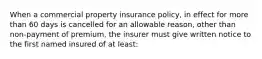 When a commercial property insurance policy, in effect for more than 60 days is cancelled for an allowable reason, other than non-payment of premium, the insurer must give written notice to the first named insured of at least: