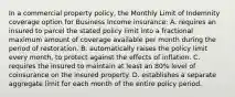 In a commercial property policy, the Monthly Limit of Indemnity coverage option for Business Income insurance: A. requires an insured to parcel the stated policy limit into a fractional maximum amount of coverage available per month during the period of restoration. B. automatically raises the policy limit every month, to protect against the effects of inflation. C. requires the insured to maintain at least an 80% level of coinsurance on the insured property. D. establishes a separate aggregate limit for each month of the entire policy period.