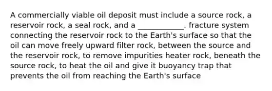 A commercially viable oil deposit must include a source rock, a reservoir rock, a seal rock, and a ____________. fracture system connecting the reservoir rock to the Earth's surface so that the oil can move freely upward filter rock, between the source and the reservoir rock, to remove impurities heater rock, beneath the source rock, to heat the oil and give it buoyancy trap that prevents the oil from reaching the Earth's surface