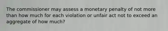 The commissioner may assess a monetary penalty of not more than how much for each violation or unfair act not to exceed an aggregate of how much?