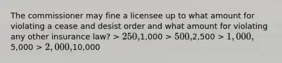 The commissioner may fine a licensee up to what amount for violating a cease and desist order and what amount for violating any other insurance law? > 250,1,000 > 500,2,500 > 1,000,5,000 > 2,000,10,000