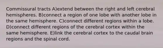 Commissural tracts A)extend between the right and left cerebral hemispheres. B)connect a region of one lobe with another lobe in the same hemisphere. C)connect different regions within a lobe. D)connect different regions of the cerebral cortex within the same hemisphere. E)link the cerebral cortex to the caudal brain regions and the spinal cord.