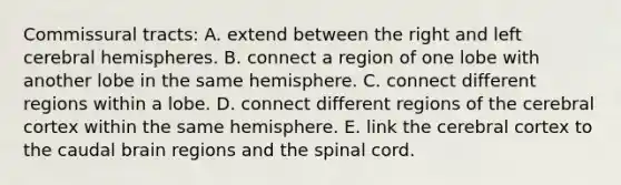 Commissural tracts: A. extend between the right and left cerebral hemispheres. B. connect a region of one lobe with another lobe in the same hemisphere. C. connect different regions within a lobe. D. connect different regions of the cerebral cortex within the same hemisphere. E. link the cerebral cortex to the caudal brain regions and the spinal cord.