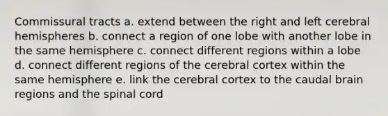 Commissural tracts a. extend between the right and left cerebral hemispheres b. connect a region of one lobe with another lobe in the same hemisphere c. connect different regions within a lobe d. connect different regions of the cerebral cortex within the same hemisphere e. link the cerebral cortex to the caudal brain regions and <a href='https://www.questionai.com/knowledge/kkAfzcJHuZ-the-spinal-cord' class='anchor-knowledge'>the spinal cord</a>