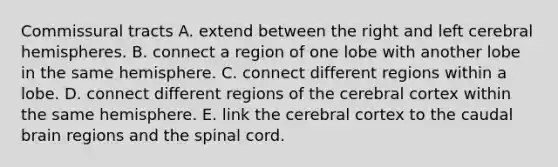 Commissural tracts A. extend between the right and left cerebral hemispheres. B. connect a region of one lobe with another lobe in the same hemisphere. C. connect different regions within a lobe. D. connect different regions of the cerebral cortex within the same hemisphere. E. link the cerebral cortex to the caudal brain regions and <a href='https://www.questionai.com/knowledge/kkAfzcJHuZ-the-spinal-cord' class='anchor-knowledge'>the spinal cord</a>.