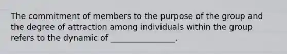 The commitment of members to the purpose of the group and the degree of attraction among individuals within the group refers to the dynamic of ________________.