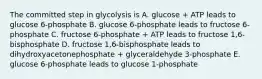 The committed step in glycolysis is A. glucose + ATP leads to glucose 6-phosphate B. glucose 6-phosphate leads to fructose 6-phosphate C. fructose 6-phosphate + ATP leads to fructose 1,6-bisphosphate D. fructose 1,6-bisphosphate leads to dihydroxyacetonephosphate + glyceraldehyde 3-phosphate E. glucose 6-phosphate leads to glucose 1-phosphate