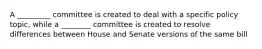 A _________ committee is created to deal with a specific policy topic, while a ________ committee is created to resolve differences between House and Senate versions of the same bill