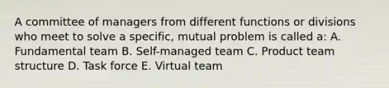 A committee of managers from different functions or divisions who meet to solve a specific, mutual problem is called a: A. Fundamental team B. Self-managed team C. Product team structure D. Task force E. Virtual team