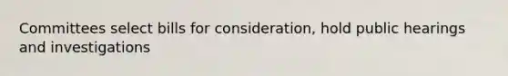 Committees select bills for consideration, hold public hearings and investigations