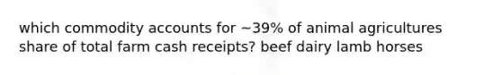 which commodity accounts for ~39% of animal agricultures share of total farm cash receipts? beef dairy lamb horses