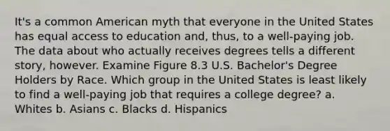 It's a common American myth that everyone in the United States has equal access to education and, thus, to a well-paying job. The data about who actually receives degrees tells a different story, however. Examine Figure 8.3 U.S. Bachelor's Degree Holders by Race. Which group in the United States is least likely to find a well-paying job that requires a college degree? a. Whites b. Asians c. Blacks d. Hispanics