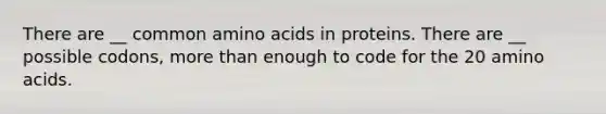 There are __ common amino acids in proteins. There are __ possible codons, more than enough to code for the 20 amino acids.