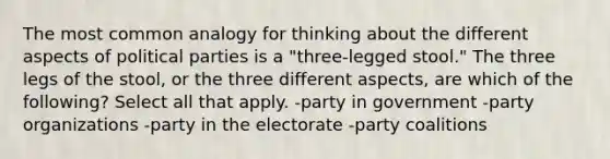 The most common analogy for thinking about the different aspects of political parties is a "three-legged stool." The three legs of the stool, or the three different aspects, are which of the following? Select all that apply. -party in government -party organizations -party in the electorate -party coalitions