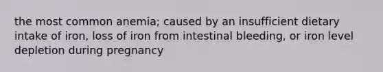 the most common anemia; caused by an insufficient dietary intake of iron, loss of iron from intestinal bleeding, or iron level depletion during pregnancy