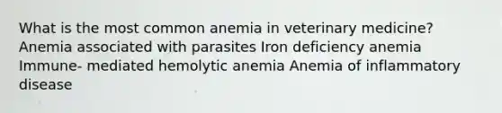 What is the most common anemia in veterinary medicine? Anemia associated with parasites Iron deficiency anemia Immune- mediated hemolytic anemia Anemia of inflammatory disease