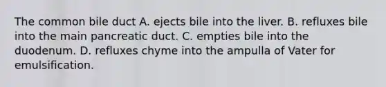 The common bile duct A. ejects bile into the liver. B. refluxes bile into the main pancreatic duct. C. empties bile into the duodenum. D. refluxes chyme into the ampulla of Vater for emulsification.