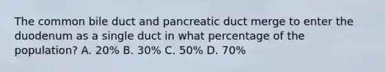 The common bile duct and pancreatic duct merge to enter the duodenum as a single duct in what percentage of the population? A. 20% B. 30% C. 50% D. 70%