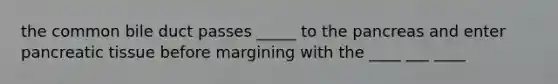 the common bile duct passes _____ to <a href='https://www.questionai.com/knowledge/kITHRba4Cd-the-pancreas' class='anchor-knowledge'>the pancreas</a> and enter pancreatic tissue before margining with the ____ ___ ____