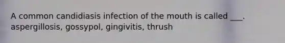 A common candidiasis infection of the mouth is called ___. aspergillosis, gossypol, gingivitis, thrush