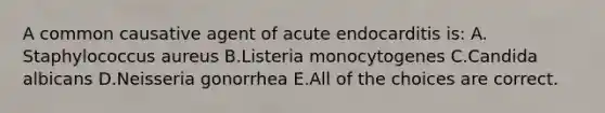 A common causative agent of acute endocarditis is: A. Staphylococcus aureus B.Listeria monocytogenes C.Candida albicans D.Neisseria gonorrhea E.All of the choices are correct.