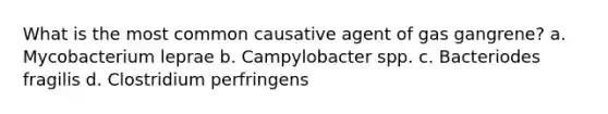 What is the most common causative agent of gas gangrene? a. Mycobacterium leprae b. Campylobacter spp. c. Bacteriodes fragilis d. Clostridium perfringens