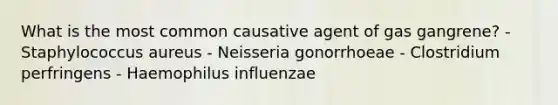 What is the most common causative agent of gas gangrene? - Staphylococcus aureus - Neisseria gonorrhoeae - Clostridium perfringens - Haemophilus influenzae