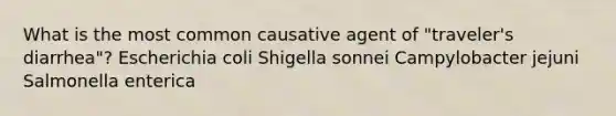 What is the most common causative agent of "traveler's diarrhea"? Escherichia coli Shigella sonnei Campylobacter jejuni Salmonella enterica