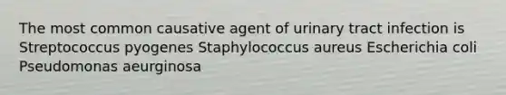 The most common causative agent of urinary tract infection is Streptococcus pyogenes Staphylococcus aureus Escherichia coli Pseudomonas aeurginosa