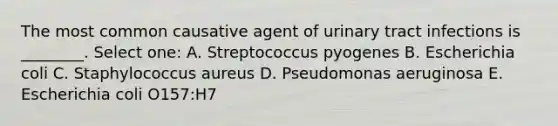 The most common causative agent of urinary tract infections is ________. Select one: A. Streptococcus pyogenes B. Escherichia coli C. Staphylococcus aureus D. Pseudomonas aeruginosa E. Escherichia coli O157:H7