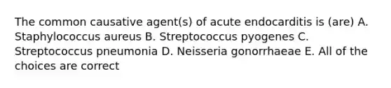 The common causative agent(s) of acute endocarditis is (are) A. Staphylococcus aureus B. Streptococcus pyogenes C. Streptococcus pneumonia D. Neisseria gonorrhaeae E. All of the choices are correct