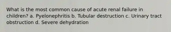 What is the most common cause of acute renal failure in children? a. Pyelonephritis b. Tubular destruction c. Urinary tract obstruction d. Severe dehydration