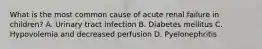 What is the most common cause of acute renal failure in children? A. Urinary tract infection B. Diabetes mellitus C. Hypovolemia and decreased perfusion D. Pyelonephritis