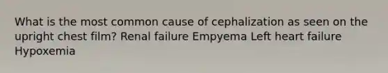 What is the most common cause of cephalization as seen on the upright chest film? Renal failure Empyema Left heart failure Hypoxemia