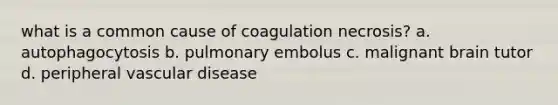 what is a common cause of coagulation necrosis? a. autophagocytosis b. pulmonary embolus c. malignant brain tutor d. peripheral vascular disease